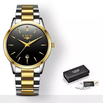 LIGE 9879A Fashion Watch For Men Black golden with Stainless steel
