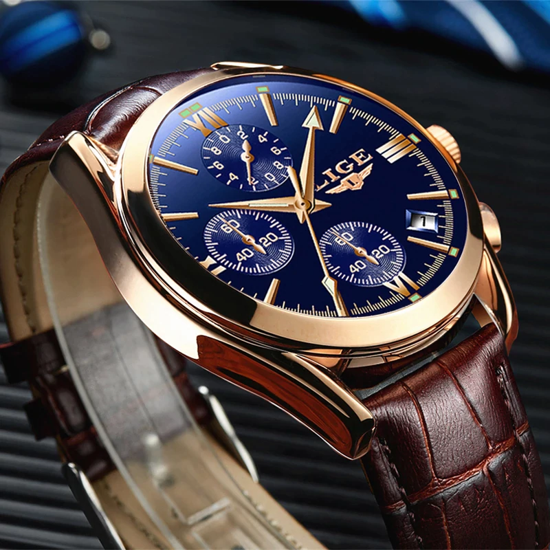 LIGE 9839L Fashion Watch For Men & Women Golden blue with Stainless steel