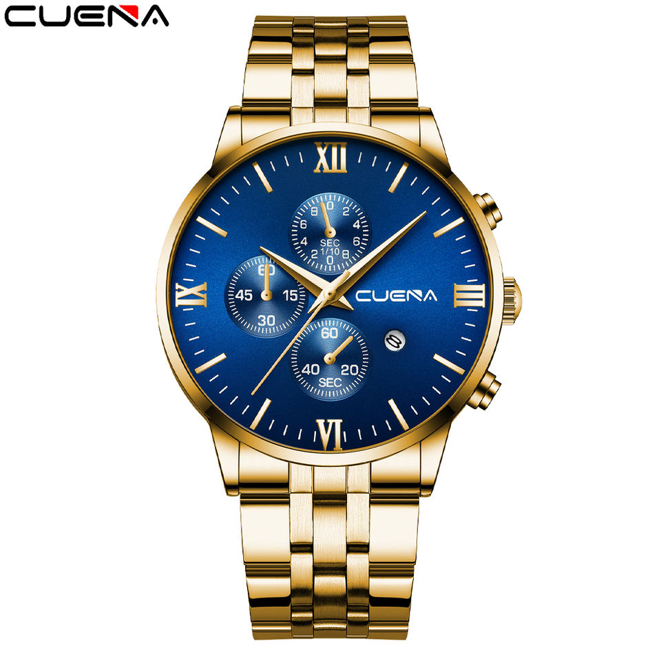 Hot selling full Stainless Steel gold Blue Band Fashion Gift Men's Watch hand clock