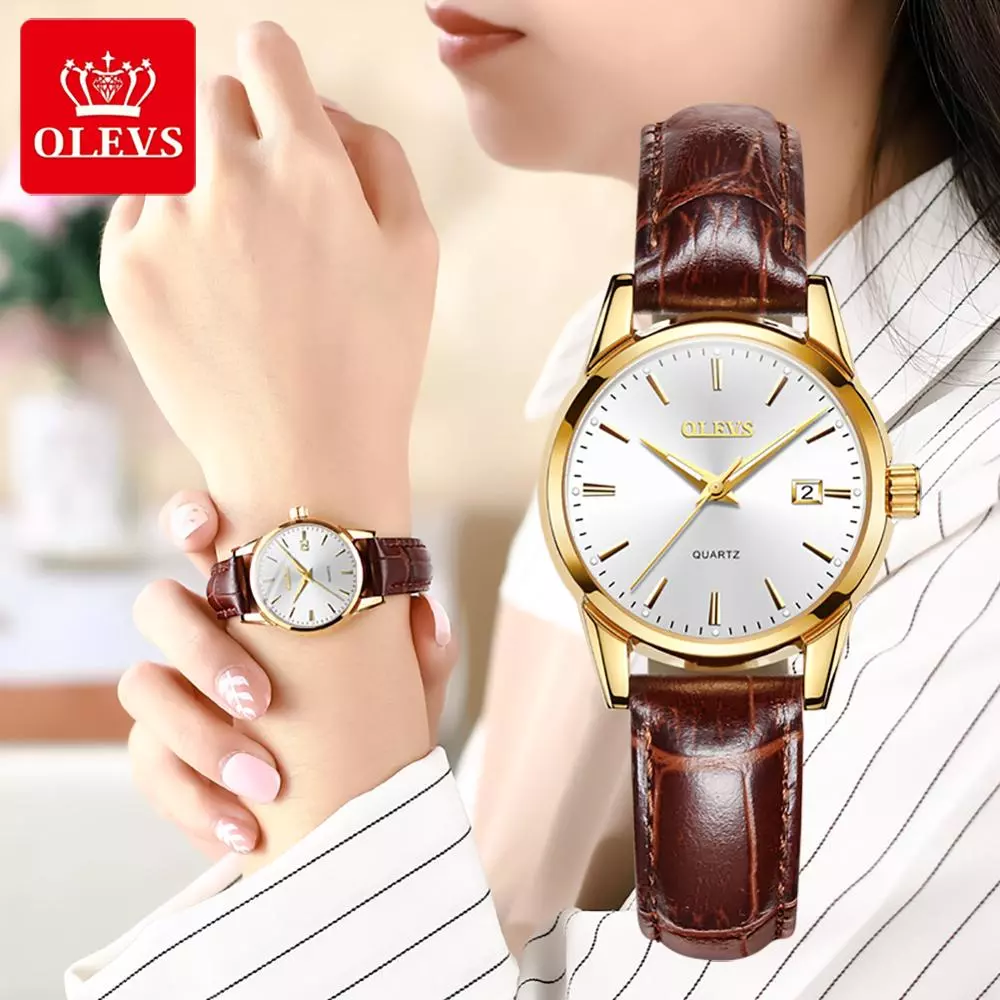 OLEVS 6898 Fashion Watch For  Women Golden white with Leather