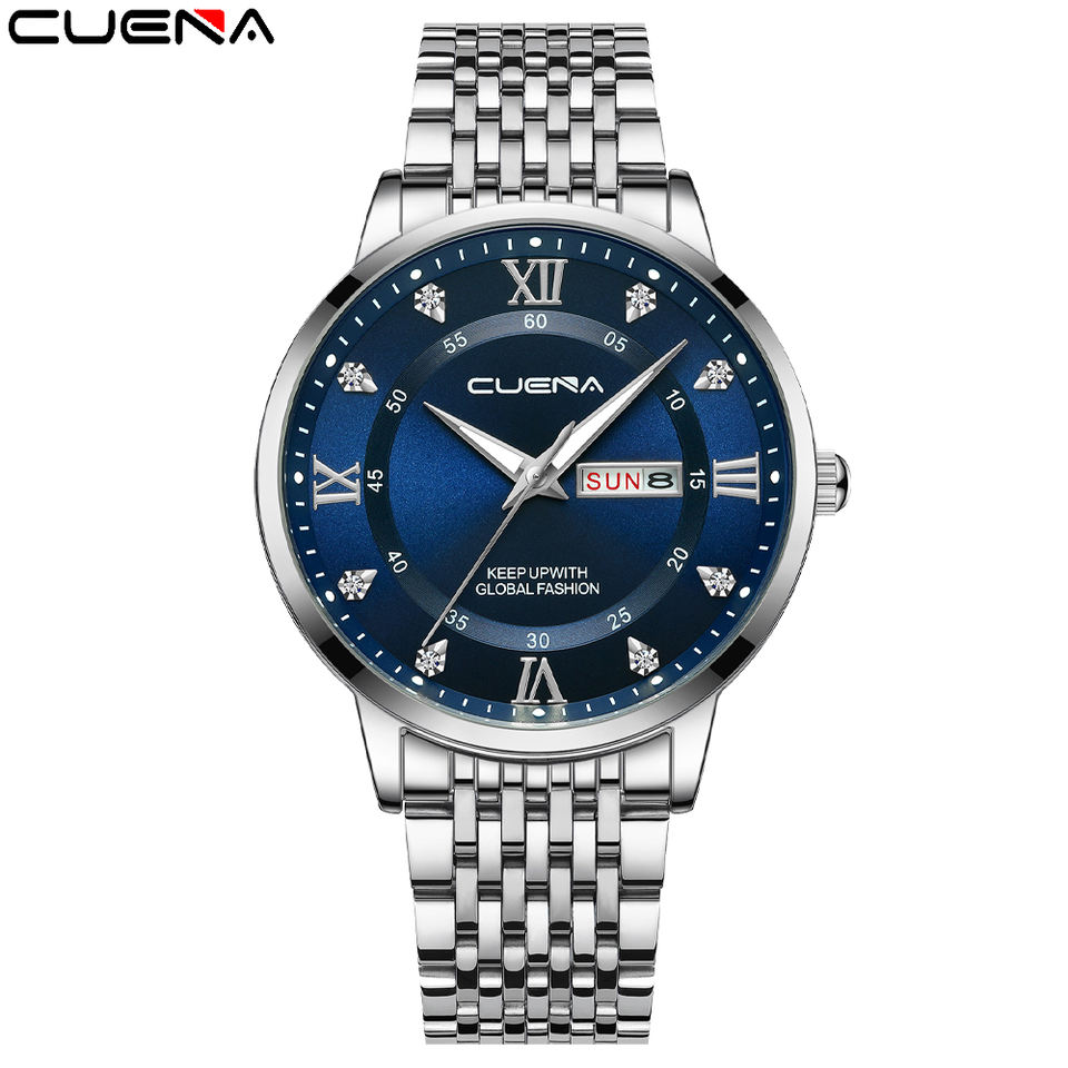 CUENA Men Fashion full stainless Steel Band diamond dial man Quartz wrist watch relojes hombre