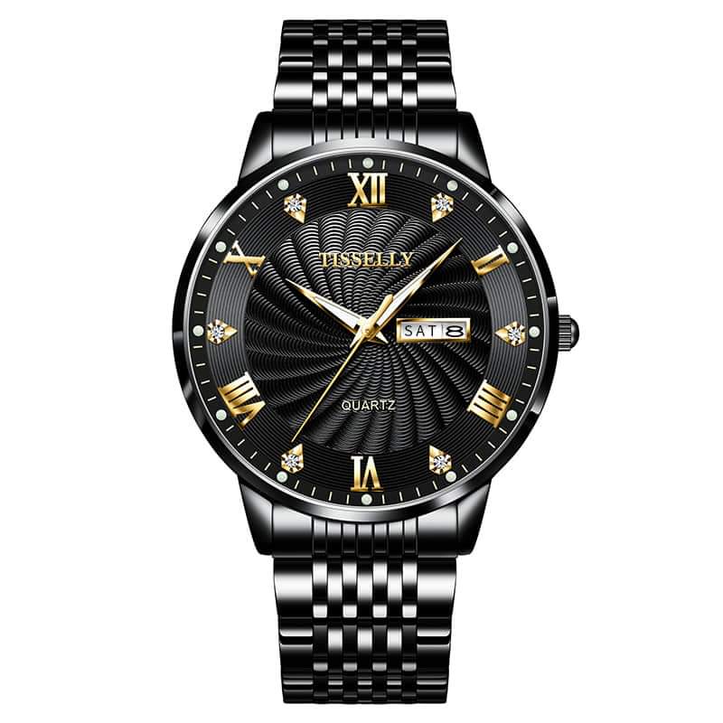 Tisselly 079 Stainless Steel Belt Men’s Quartz Watch – Silver Gold & Black