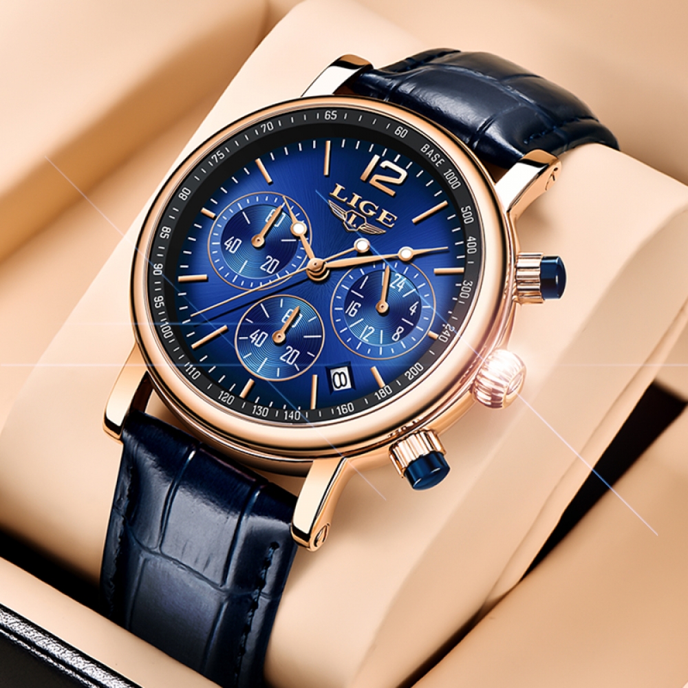 LIGE 8927 Navy Blue PU Leather Chronograph Watch For Men - Royal Blue & Navy Blue