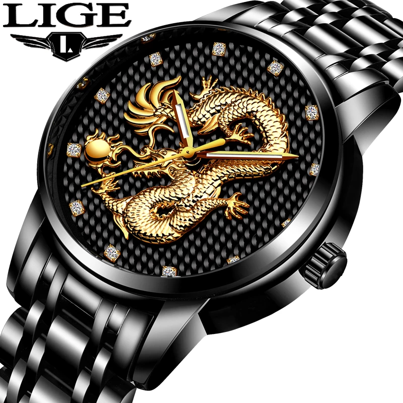 LIGE 9850B Fashion Watch For Men Black silver with Stainless steel