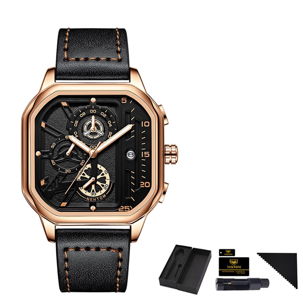 8236 NEKTOM Top Brand Men's Watch with Leather Belt Casual Square Big Dial Black Sport Wristwatch Luxury Hollow Waterproof Watches