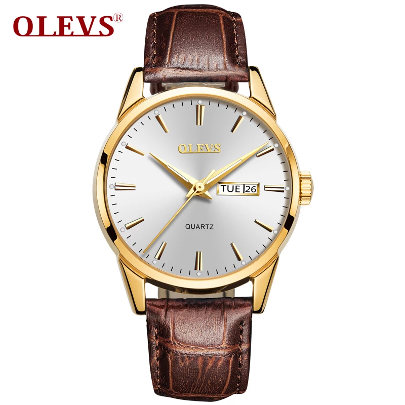 OLEVS 6898 Fashion Watch For Men & Women Golden Blak white with Leather